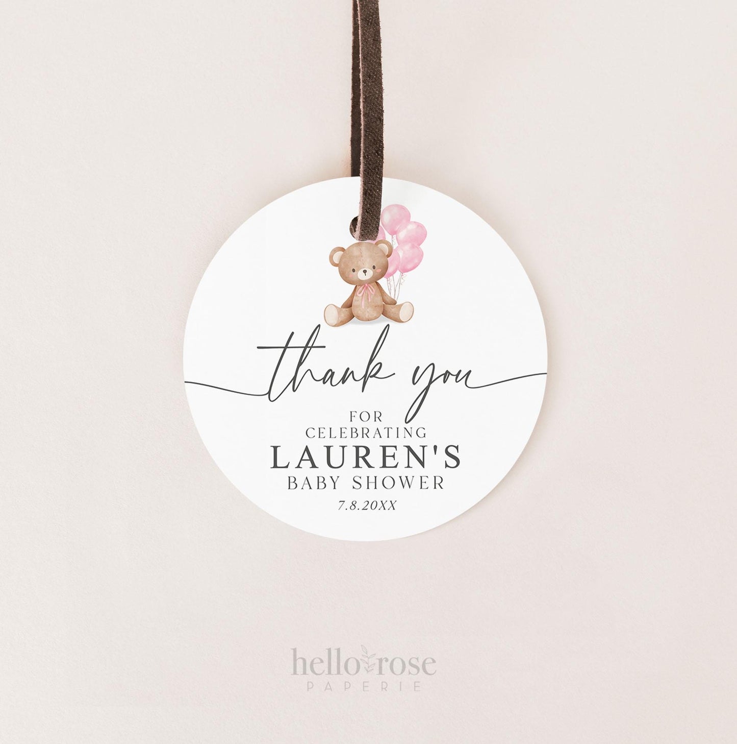 Bear Baby Shower Thank You Favor Tags Template, Baby Girl Pink Bow Balloons Tags Stickers Labels, Personalized Editable PRINTABLE Templett
