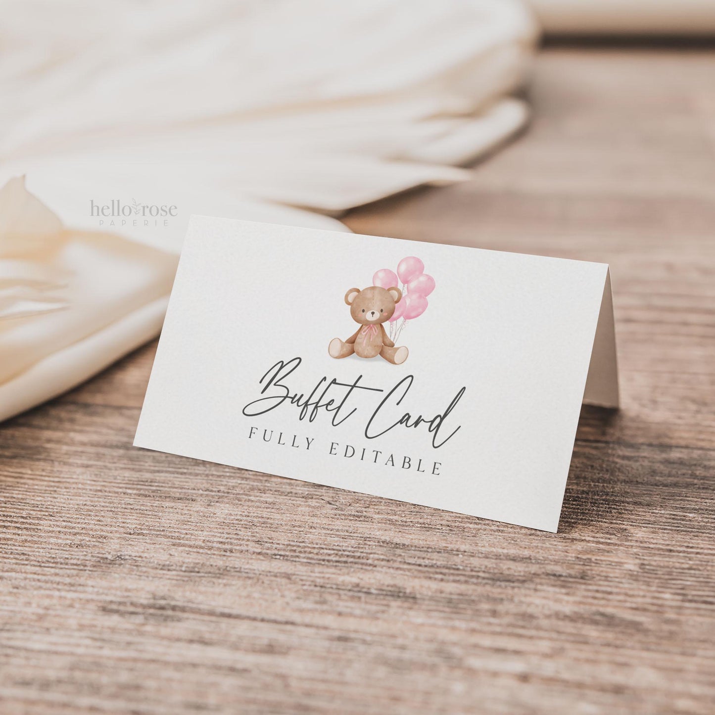 Food Buffet Tent Card + Sign, Bear Baby Shower, Teddy Girl with Bow + Pink Balloons, We Can Bearly Wait, Template Download Templett