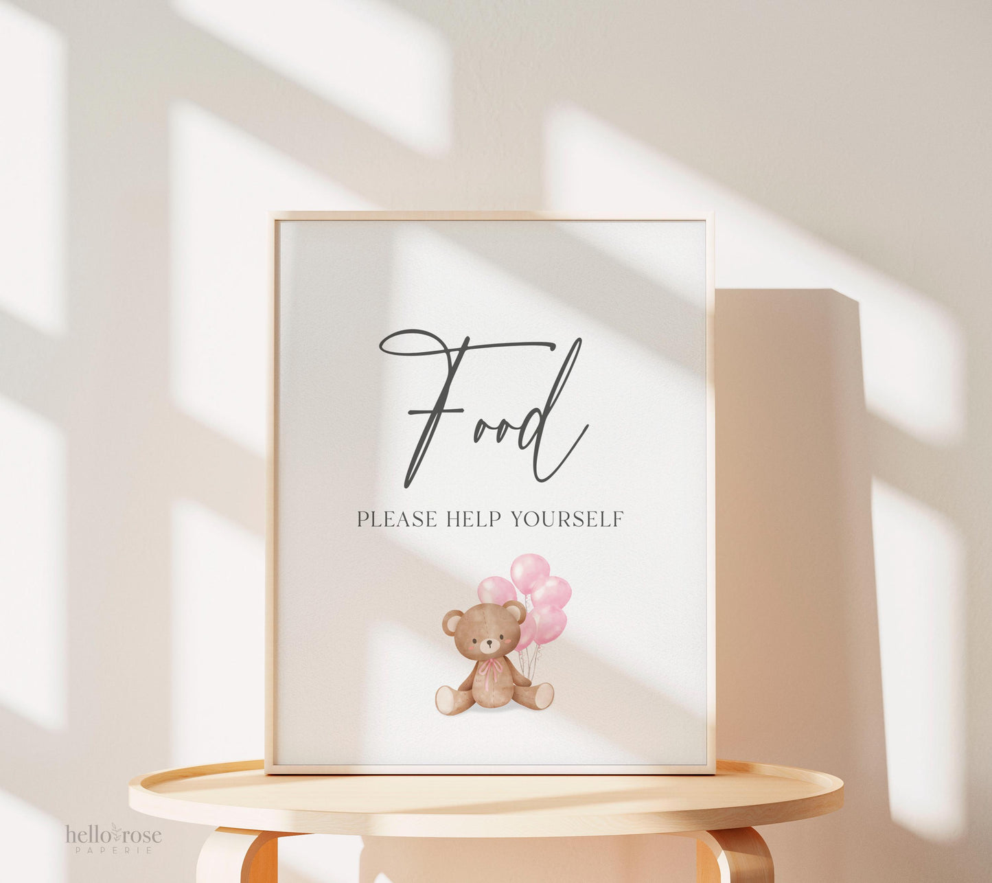 Food Buffet Tent Card + Sign, Bear Baby Shower, Teddy Girl with Bow + Pink Balloons, We Can Bearly Wait, Template Download Templett