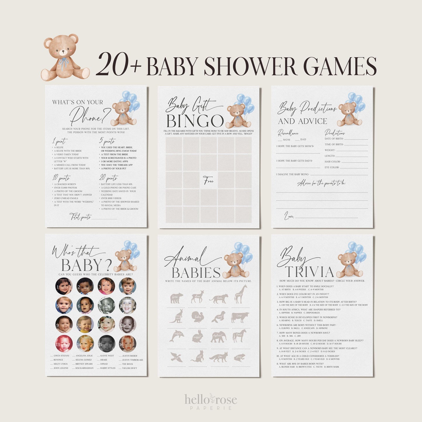 Bear Bundle of 20+ Baby Shower Games . Teddy with Blue Balloons, Boy Baby Shower, We Can Bearly Wait, Editable Template Download Templett
