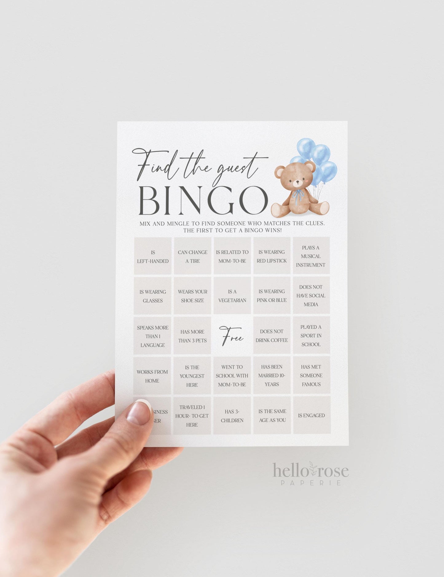 Find the Guest Bingo Baby Shower Game, Bear with Blue Bow Balloons, Boy Teddy Bear, We Can Bearly Wait, Editable Template Download TEMPLETT