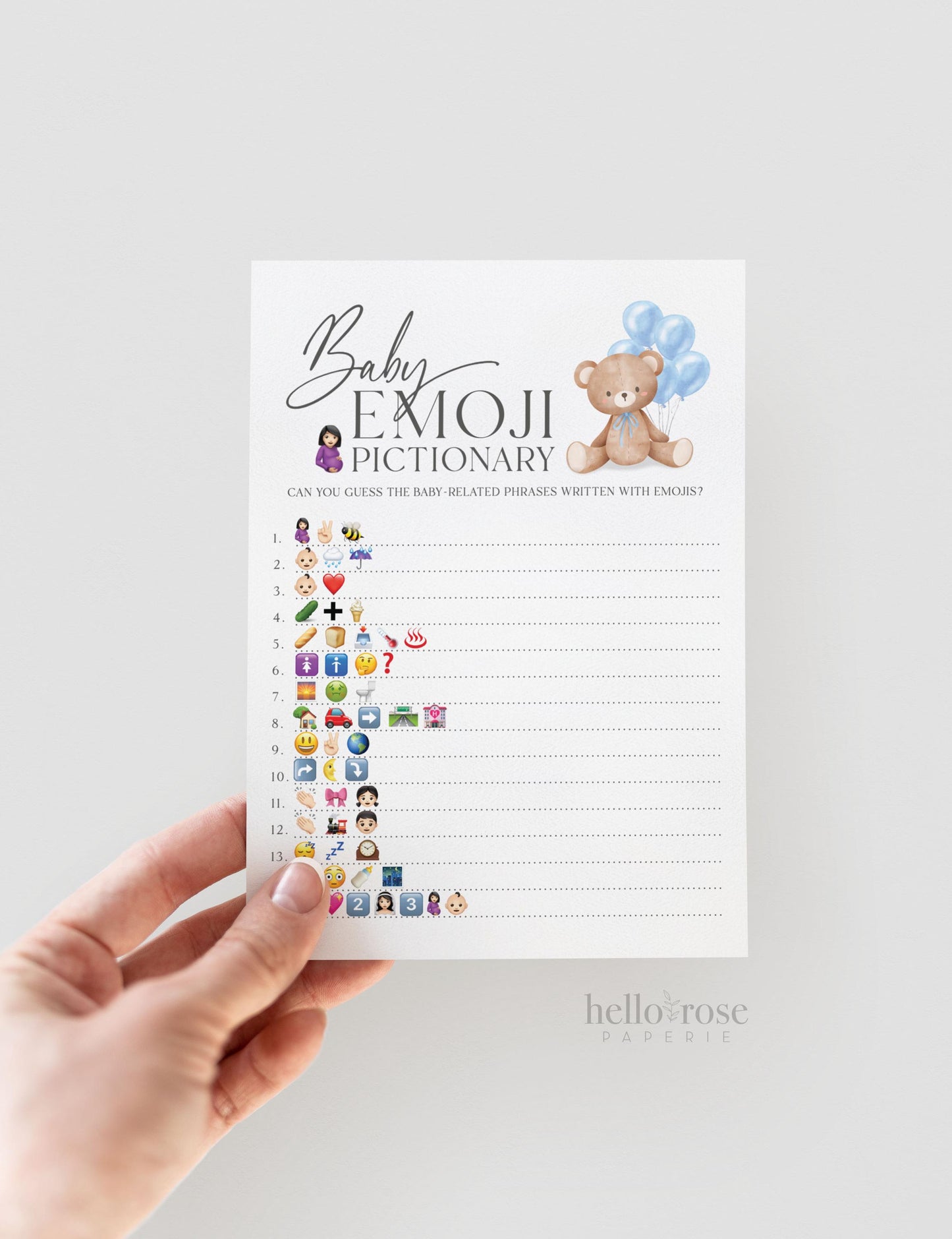 Emoji Pictionary Baby Shower Game, Bear with Blue Bow Balloons, Boy Teddy Bear, We Can Bearly Wait, Editable Template Download TEMPLETT