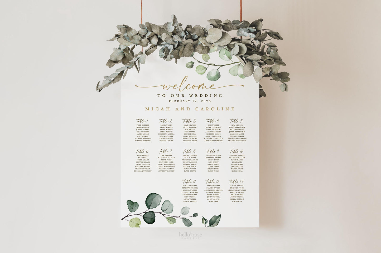Seating Chart Wedding Poster Template . Wedding Assigned Seating Table Sign . Greenery and Gold . PRINTABLE Editable Text Templett G2-T