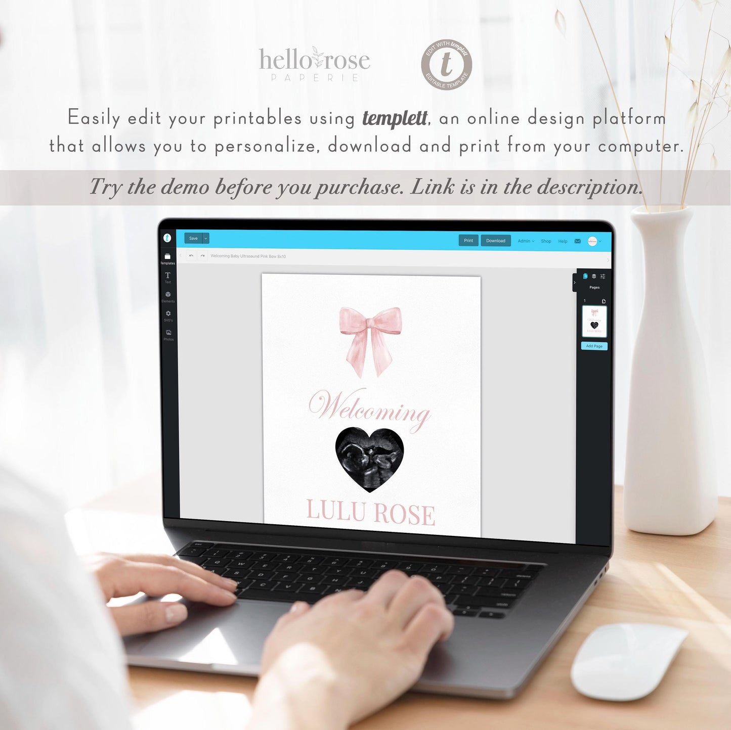 Welcoming Baby Pink Bow Baby Shower, Personalized Ultrasound Sonogram Sign, Girl Baby Bow Decor, Editable Template Digital Download TEMPLETT