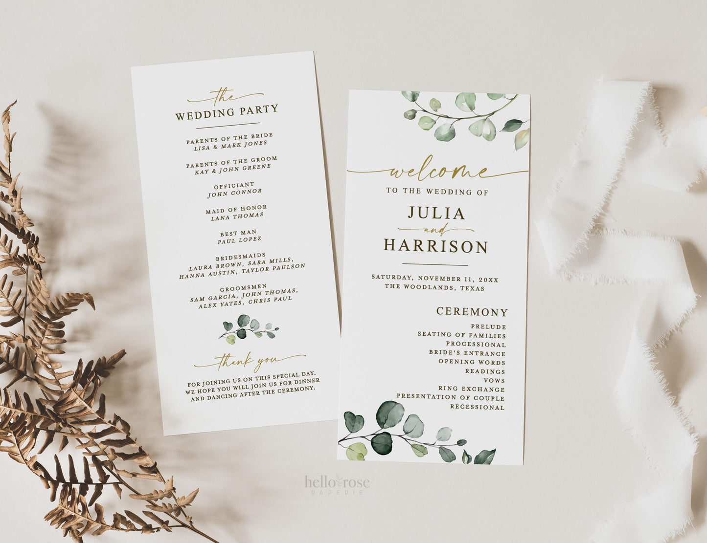 Wedding Program Editable Template . Ceremony Program. Greenery and Gold Modern Boho Wedding . Printable Instant Download TEMPLETT
