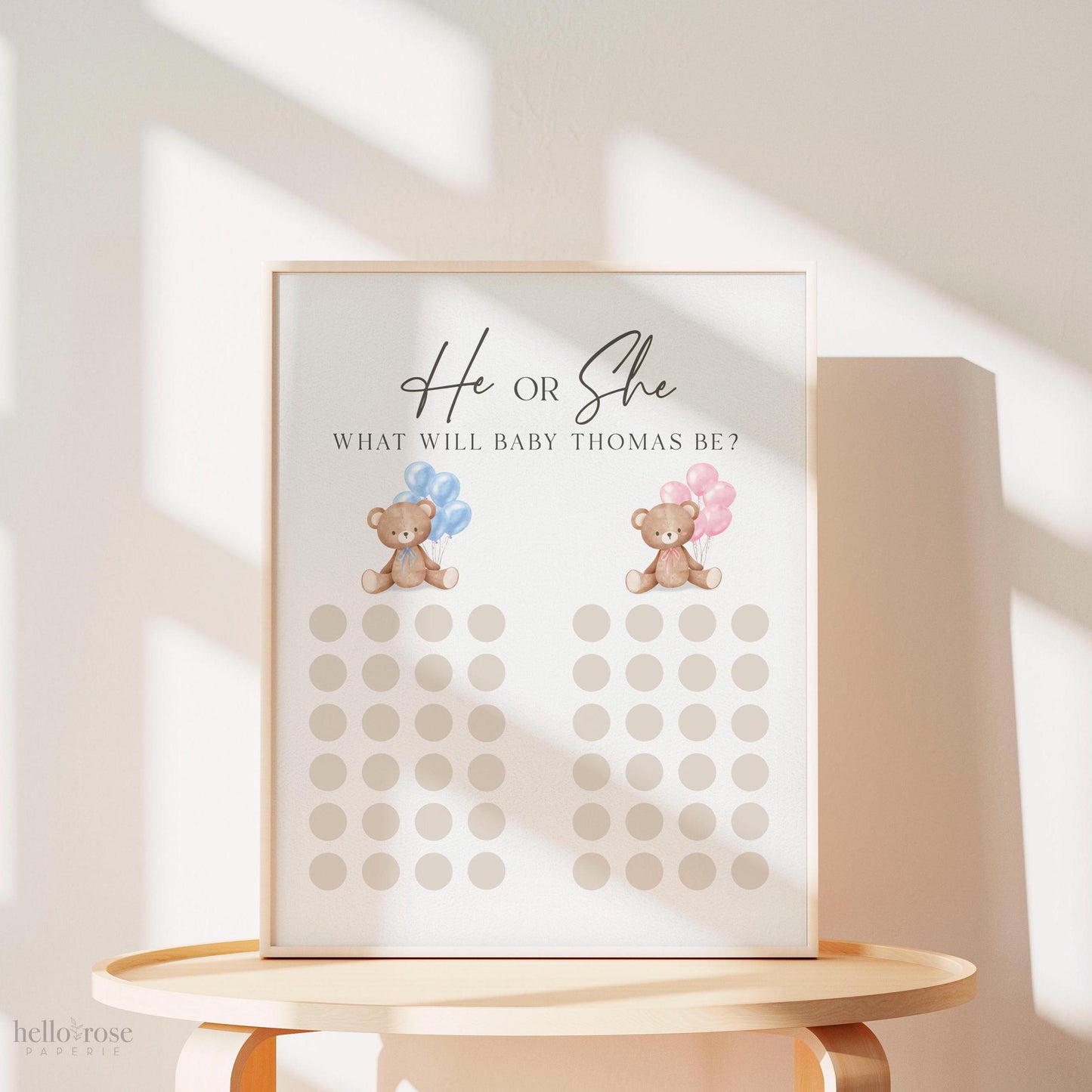 He or She What Will Baby Be, Gender Guess Sign, Bear with Pink Blue Balloons Baby Gender Reveal Game, Editable Template Download TEMPLETT