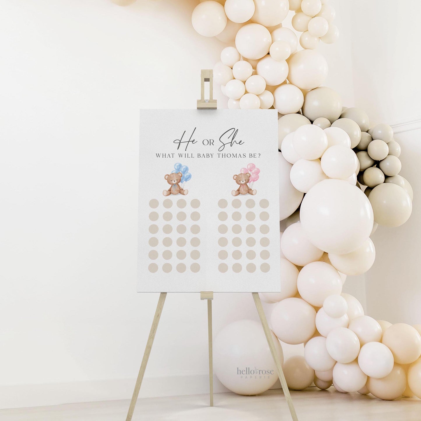 He or She What Will Baby Be, Gender Guess Sign, Bear with Pink Blue Balloons Baby Gender Reveal Game, Editable Template Download TEMPLETT