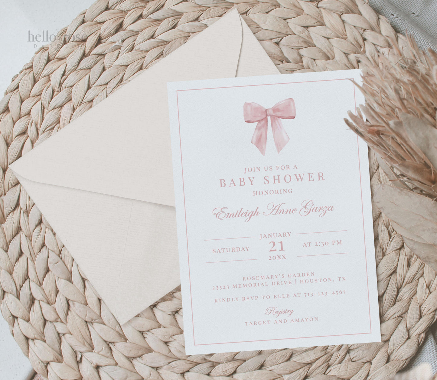 Pink Bow Baby Shower Invitation, Girl Watercolor Bow, Baby Sprinkle Elegant Minimalist Invite, Editable Template Download TEMPLETT