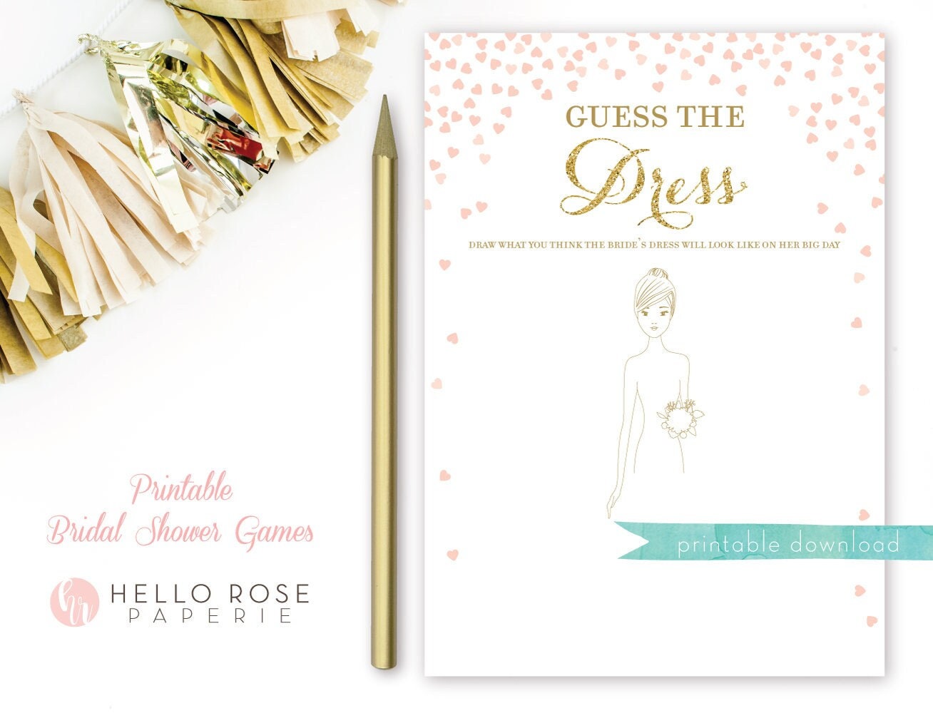 Guess the Dress Bridal Shower Game . Draw the Wedding Dress . Printable Instant Download . Pink and Gold Glitter . Digital Instant Download