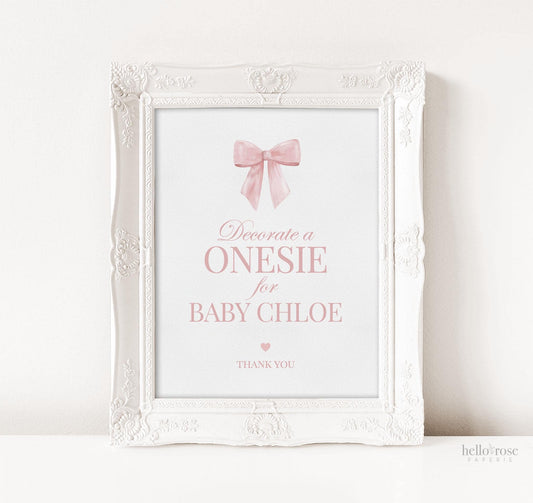 Decorate a Onesie for Baby Sign, Pink Bow Girl Baby Shower, Baby Onesie Decorating Station, Editable Template Digital Download TEMPLETT