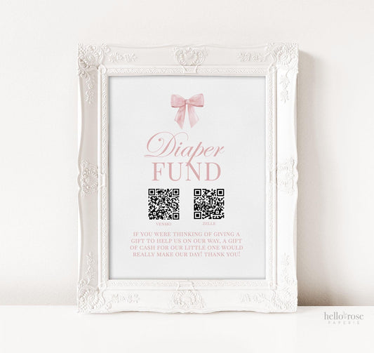Diaper Fund, Pink Bow Girl Baby Shower, QR Code Venmo CashApp Paypal Zelle Cash Gift, Editable Template Digital Download TEMPLETT