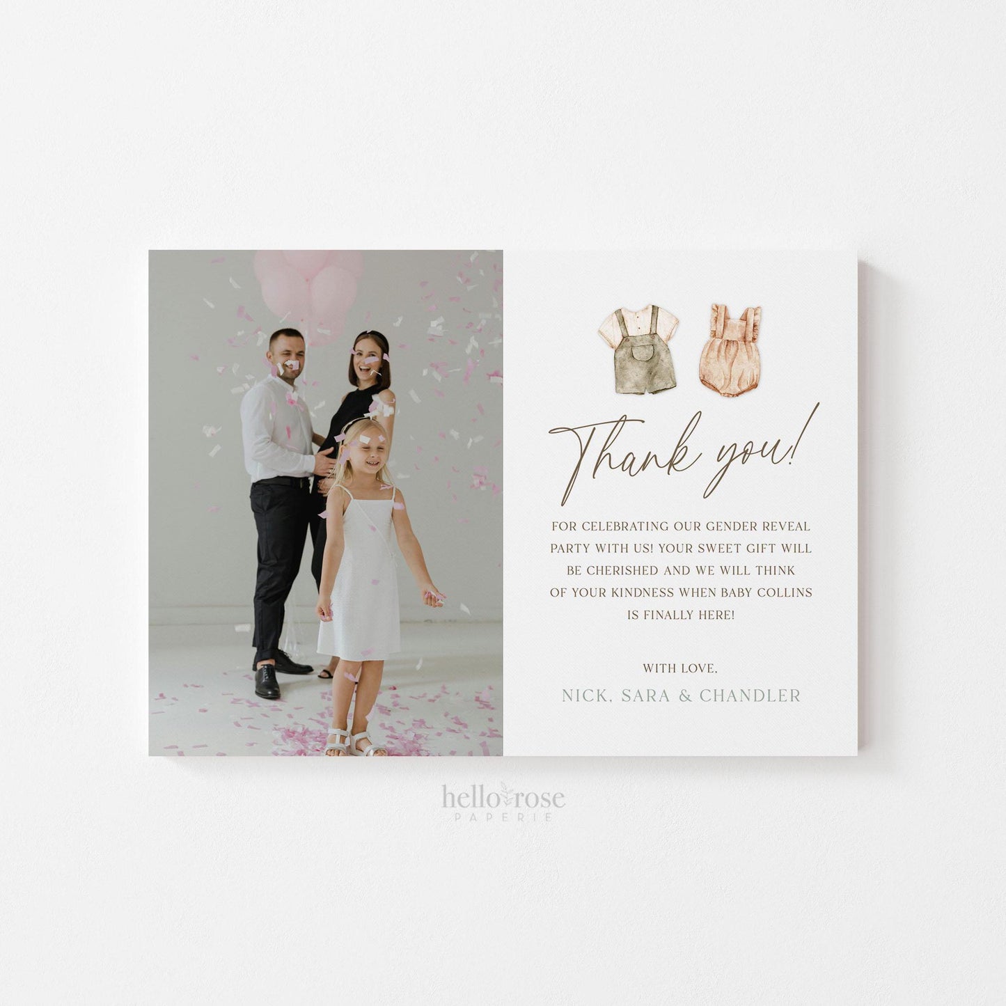 Gender Reveal Thank You Card with Photo, Boho Minimalist Baby Shower, Gender Neutral, PRINTABLE Template Templett Instant Download GR2-T