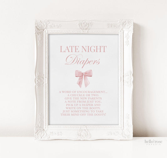 Late Night Diapers Bow Game Sign, Pink Watercolor Bow, Girl Baby Shower Bow Game, Editable Template Digital Download TEMPLETT