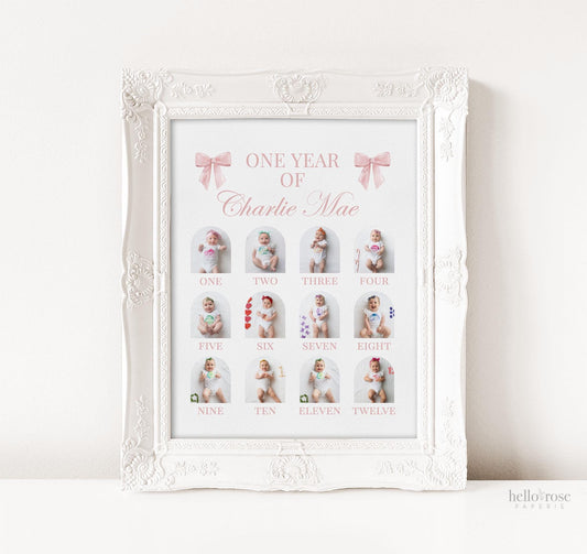 My First Year in Photos, Pink Bow First Birthday, Birthday Photo Board, Birthday Girl Bow Decor, Editable Template Digital Download TEMPLETT