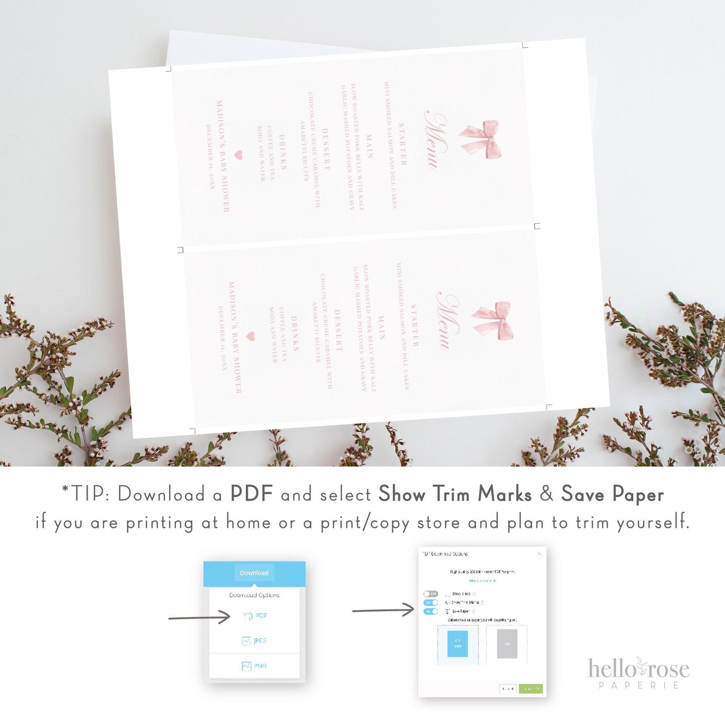 Menu Pink Bow, Baby Shower Sprinkle, Bridal Shower, Editable Menu, PRINTABLE Editable Instant Download TEMPLETT