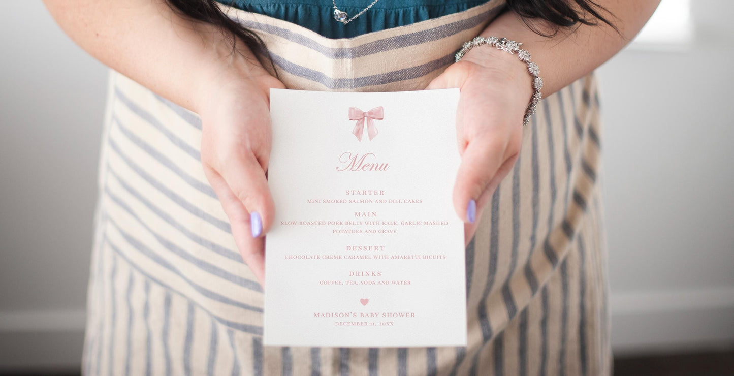 Menu Pink Bow, Baby Shower Sprinkle, Bridal Shower, Editable Menu, PRINTABLE Editable Instant Download TEMPLETT