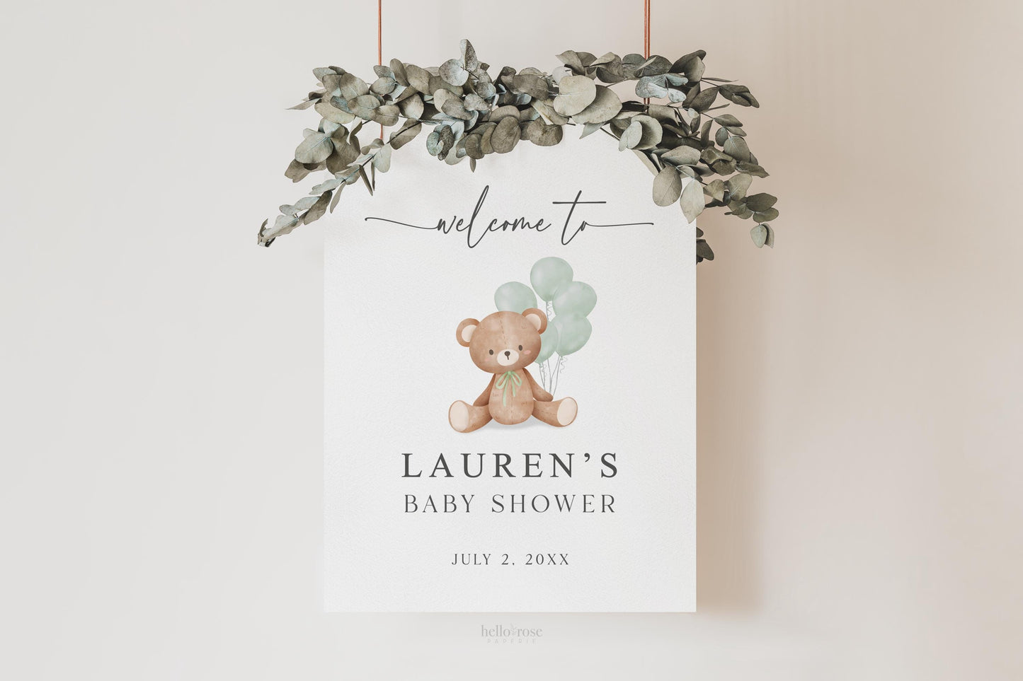 Bear Welcome Sign with Bow and Sage Green Balloons, Girl Boy Neutral Baby Shower Sprinkle, We Can Bearly Wait, Editable Template TEMPLETT