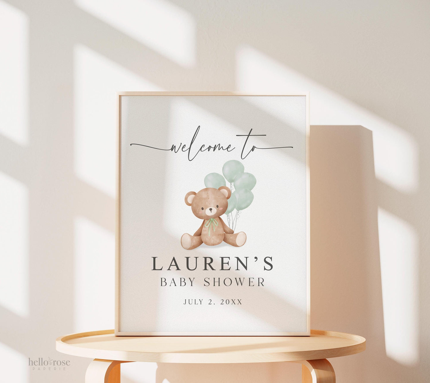 Bear Welcome Sign with Bow and Sage Green Balloons, Girl Boy Neutral Baby Shower Sprinkle, We Can Bearly Wait, Editable Template TEMPLETT