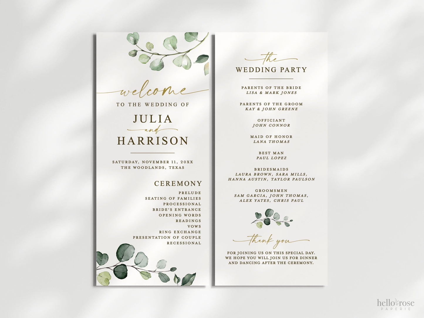 Wedding Program Editable Template . Ceremony Program. Greenery and Gold Modern Boho Wedding . Printable Instant Download TEMPLETT
