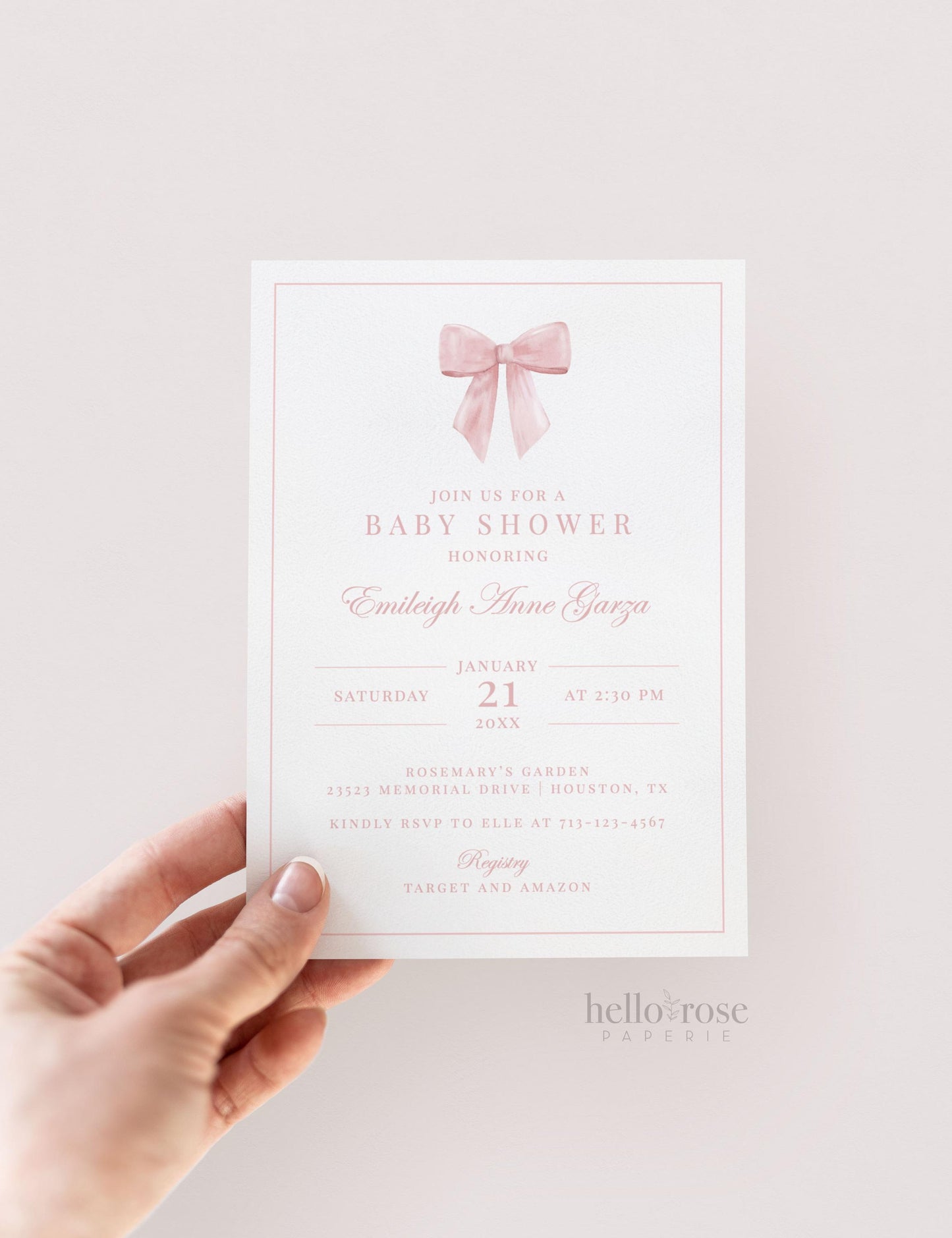 Pink Bow Baby Shower Invitation, Girl Watercolor Bow, Baby Sprinkle Elegant Minimalist Invite, Editable Template Download TEMPLETT