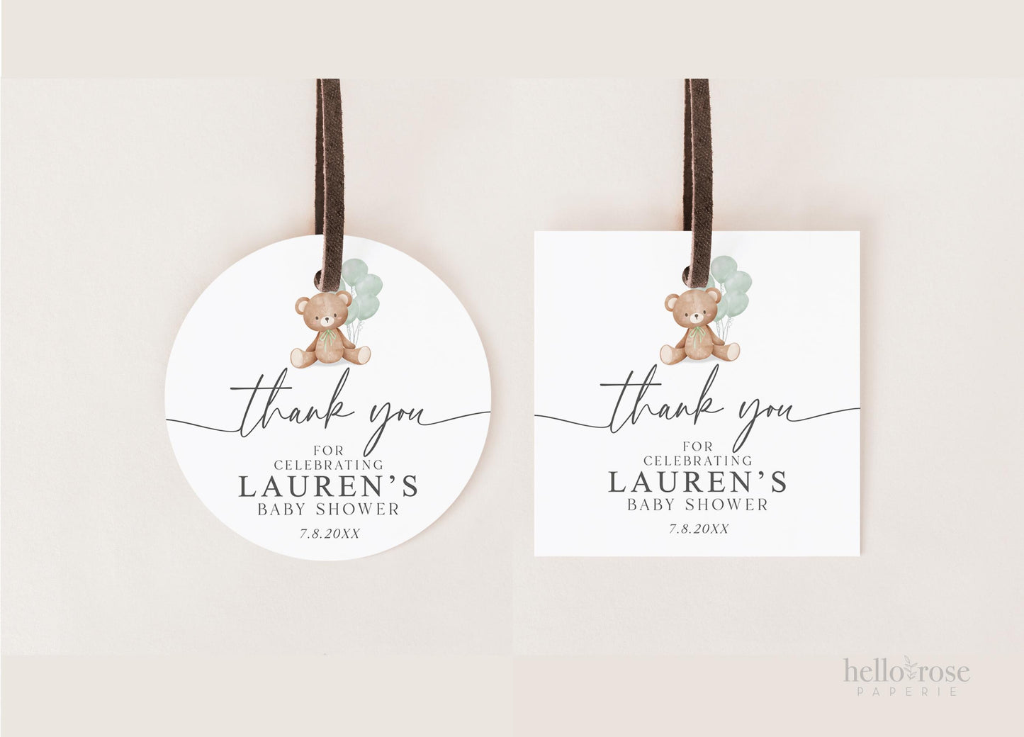 Bear Baby Shower Thank You Favor Tags Template . Sage Green Balloons Tag Sticker Label . Personalized Editable PRINTABLE Templett Download