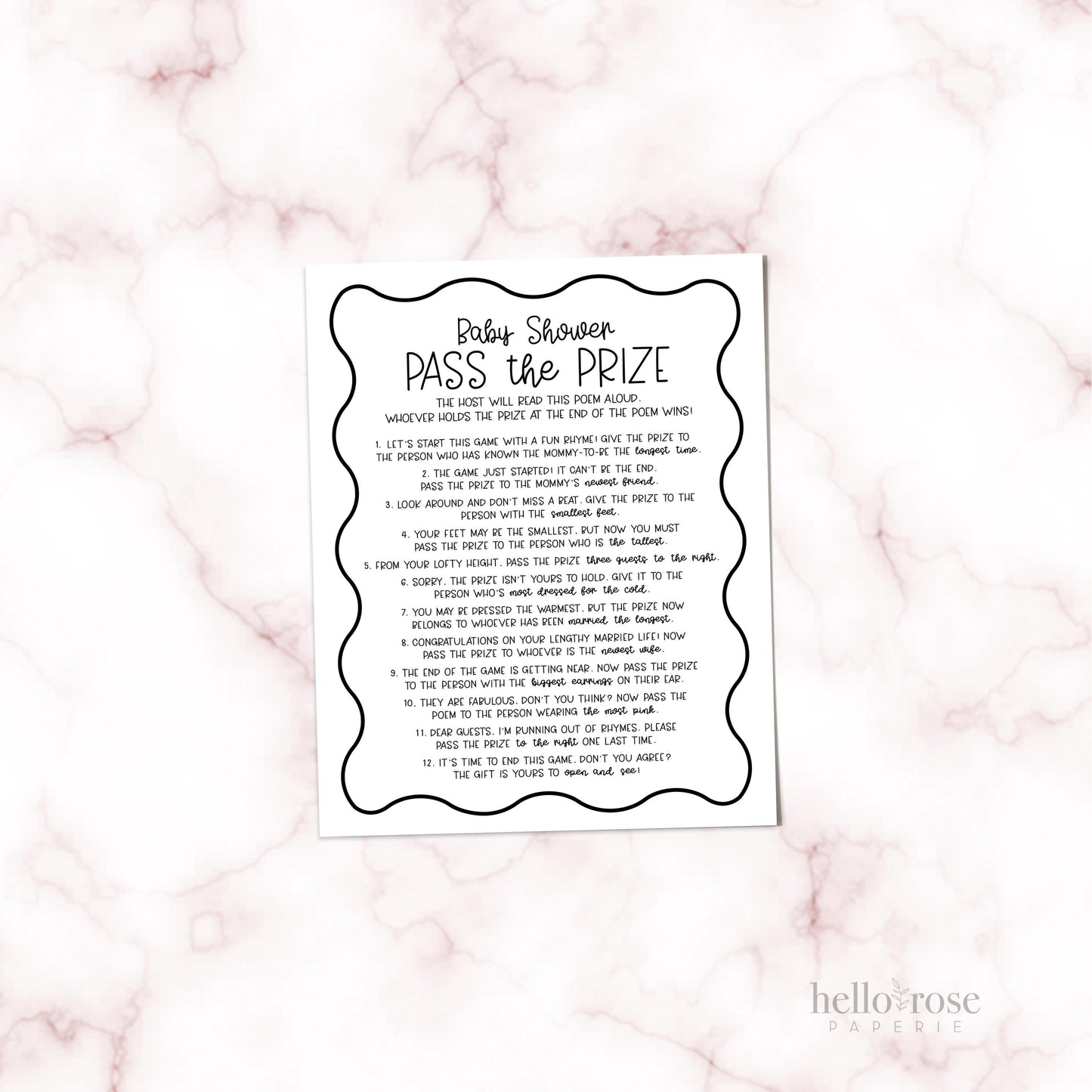 Pass the Prize Baby Shower Game . Pass the Poem . Boy Girl Neutral . Kraft + Black & White . Printable 8.5x11 Instant Digital Download . K4