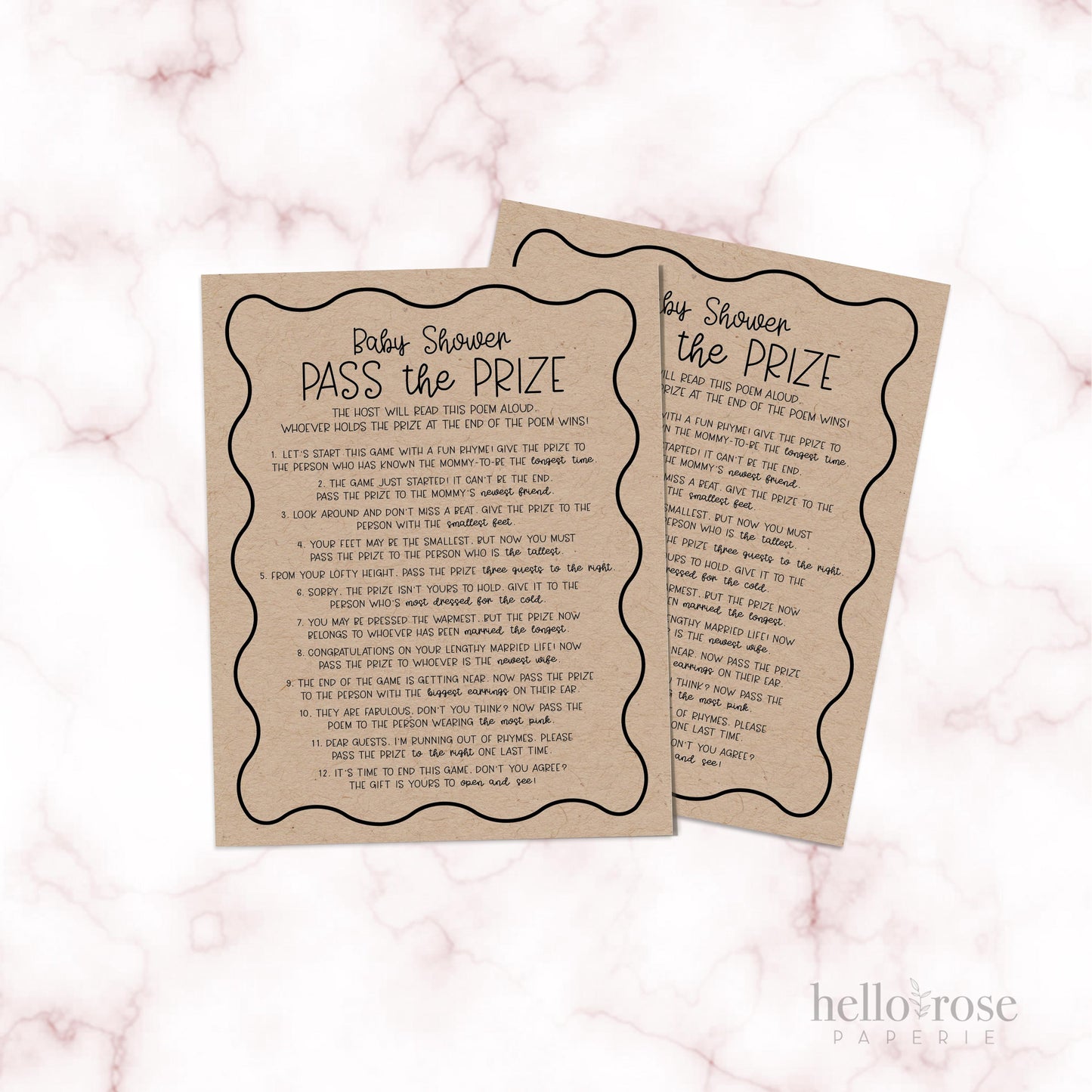 Pass the Prize Baby Shower Game . Pass the Poem . Boy Girl Neutral . Kraft + Black & White . Printable 8.5x11 Instant Digital Download . K4