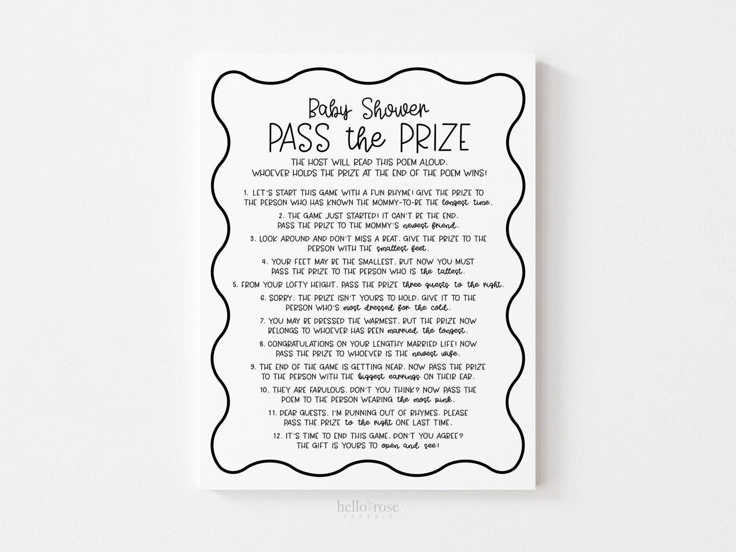 Pass the Prize Baby Shower Game . Pass the Poem . Boy Girl Neutral . Kraft + Black & White . Printable 8.5x11 Instant Digital Download . K4