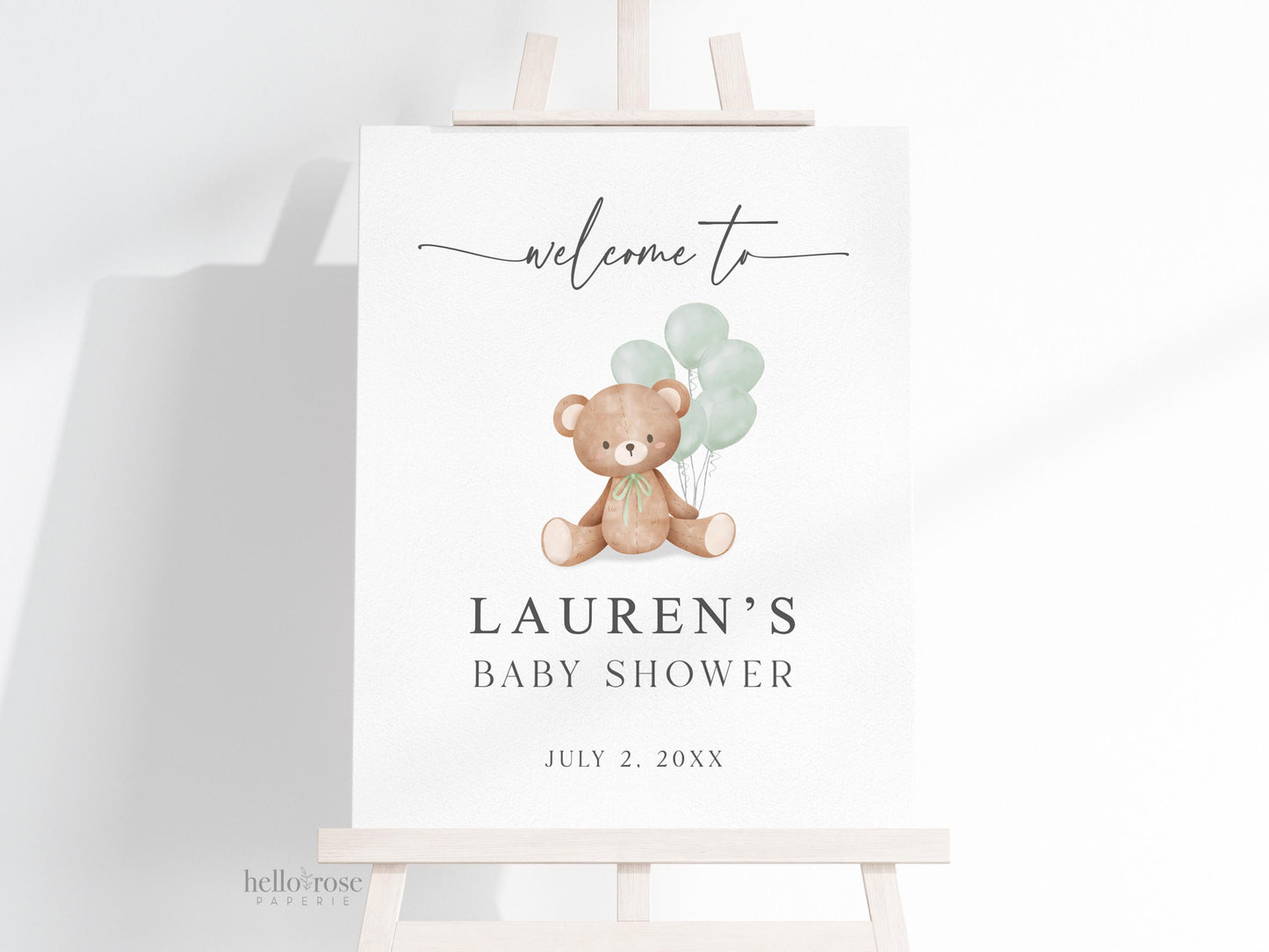 Bear Welcome Sign with Bow and Sage Green Balloons, Girl Boy Neutral Baby Shower Sprinkle, We Can Bearly Wait, Editable Template TEMPLETT