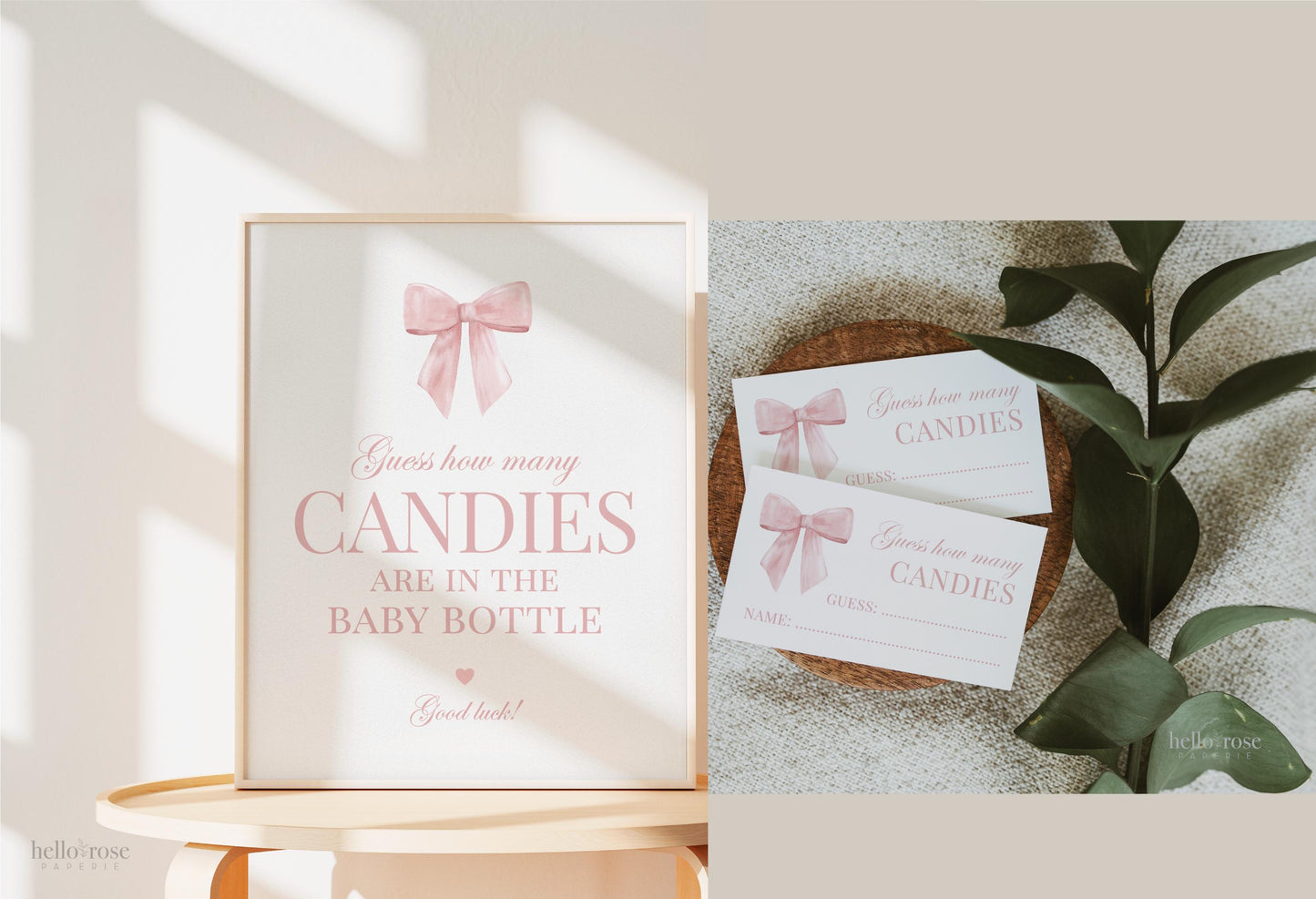 Guess How Many Candies Pink Bow Baby Shower Game, Guess the Kisses Game Sign + Card, Girl Baby, Editable Template Digital Download TEMPLETT