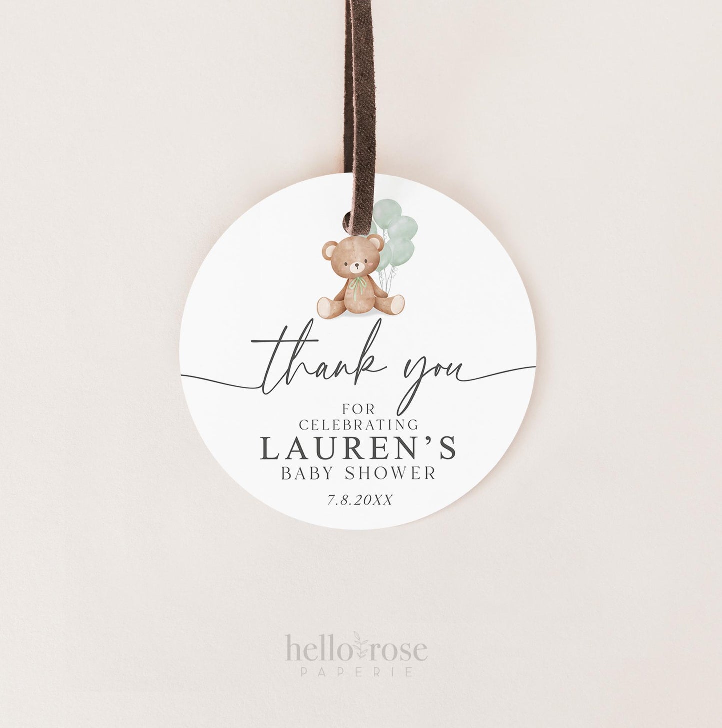 Bear Baby Shower Thank You Favor Tags Template . Sage Green Balloons Tag Sticker Label . Personalized Editable PRINTABLE Templett Download