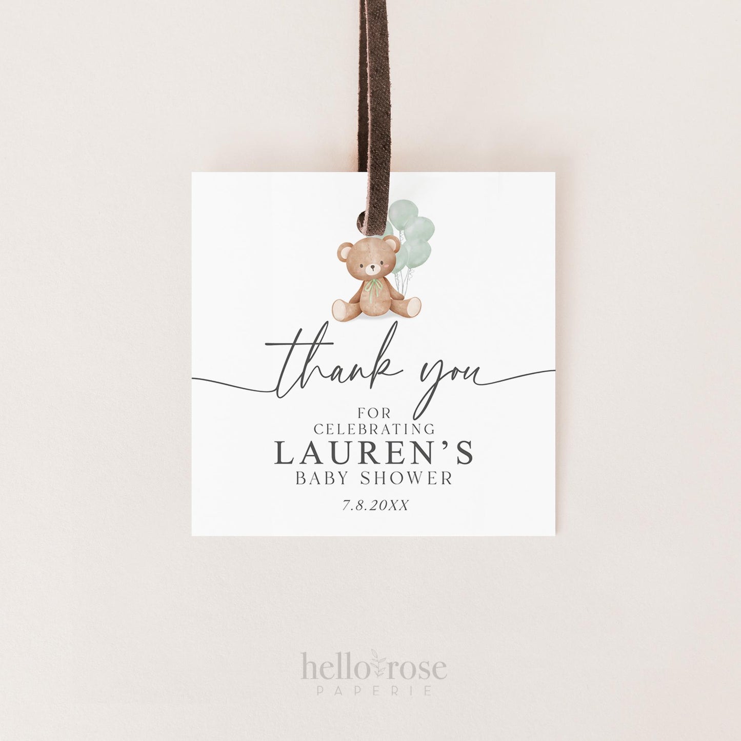 Bear Baby Shower Thank You Favor Tags Template . Sage Green Balloons Tag Sticker Label . Personalized Editable PRINTABLE Templett Download