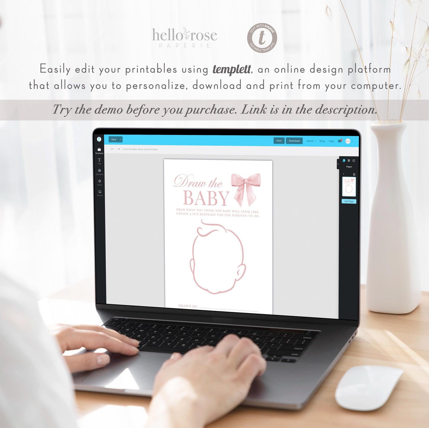 Draw the Baby Pink Bow Baby Shower Game, Girl Baby Sprinkle Game, Printable Editable Template Instant Digital Download TEMPLETT