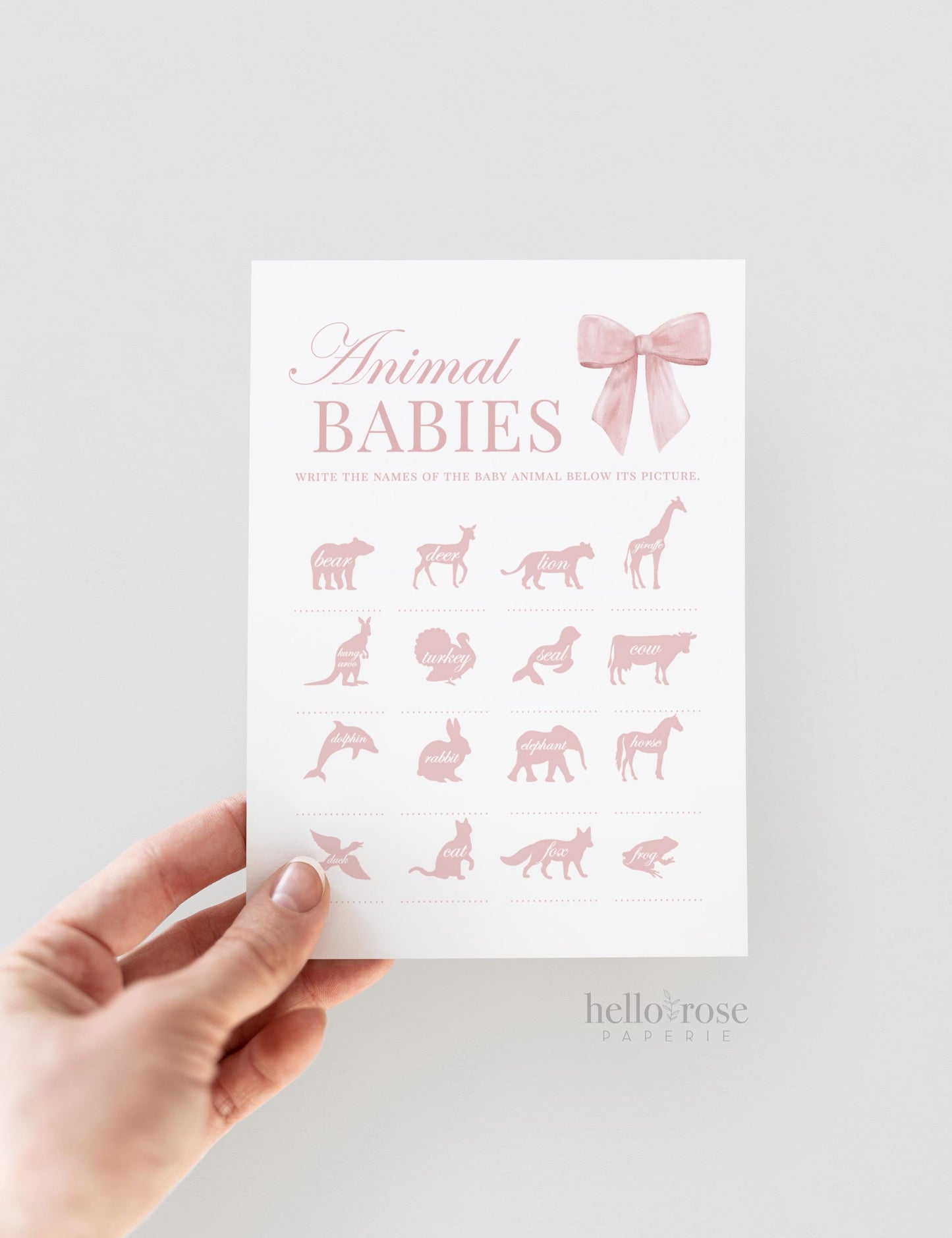 Animal Babies Pink Bow Baby Shower Game, Girl Baby Sprinkle Game, Printable Editable Template Instant Digital Download TEMPLETT