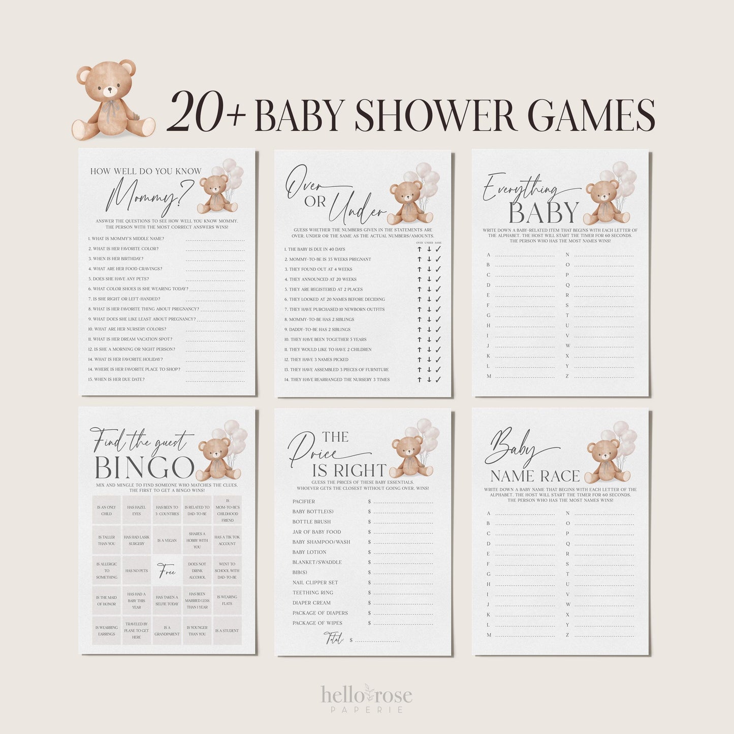Bear Bundle of 20+ Baby Shower Games . Teddy with White Balloons, Boy Girl Sprinkle, We Can Bearly Wait, Editable Template Download Templett