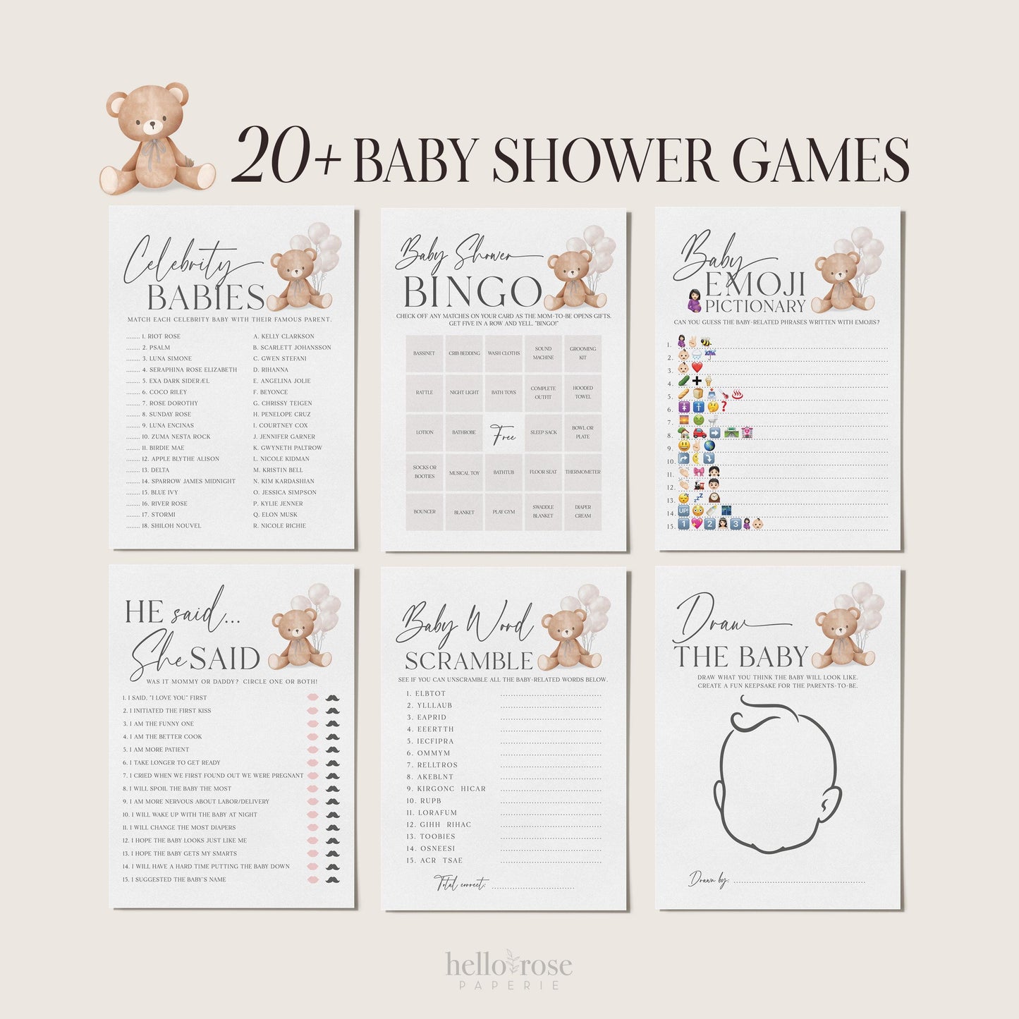 Bear with White Balloons Baby Shower Bundle of 60+ Games, Signs, Tags, Labels, Printable Editable Template Instant Download Templett