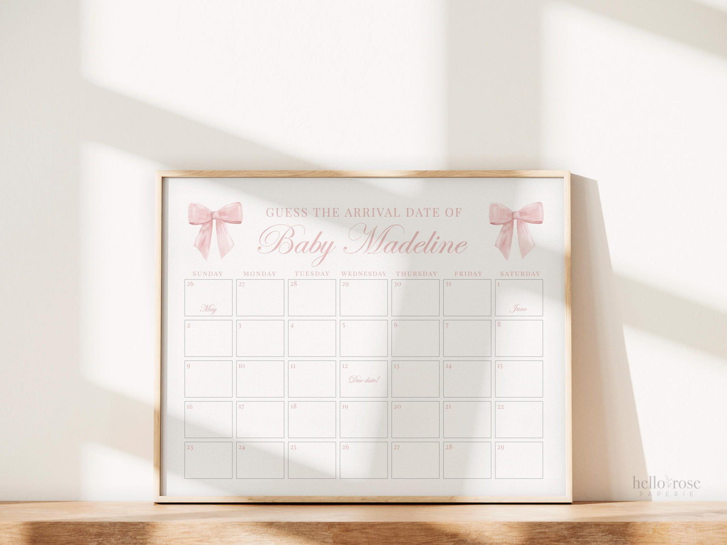 Pink Bow Guess the Due Date Calendar Baby Shower Game Sign, Guess the Arrival Date, Bow Girl Baby Shower, Template Instant Download TEMPLETT