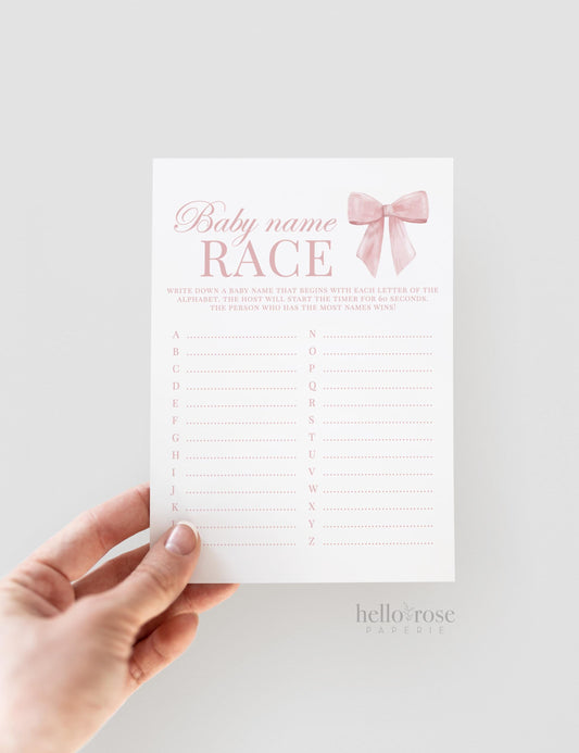 Baby Name Race Pink Bow Baby Shower Game, Girl Baby Sprinkle Game, Printable Editable Template Instant Digital Download TEMPLETT