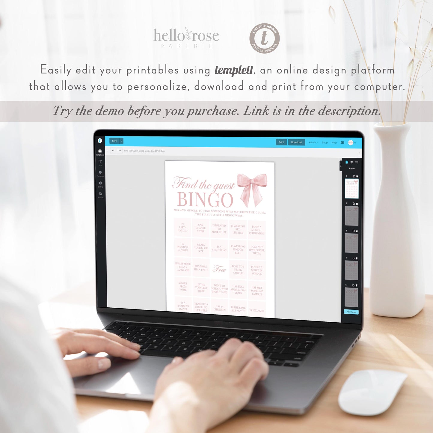 Find the Guest Bingo Pink Bow Baby Shower Game, Girl Baby Sprinkle Game, Printable Editable Template Instant Digital Download TEMPLETT