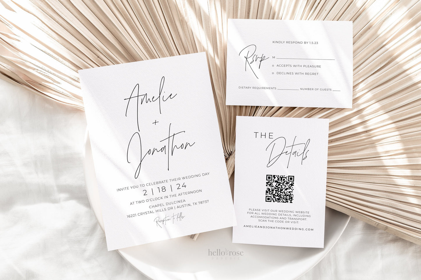 Wedding Invitation Template Suite with RSVP, Details, QR Code . Minimalist Modern Wedding Set . Editable Instant Download . Templett PENNY