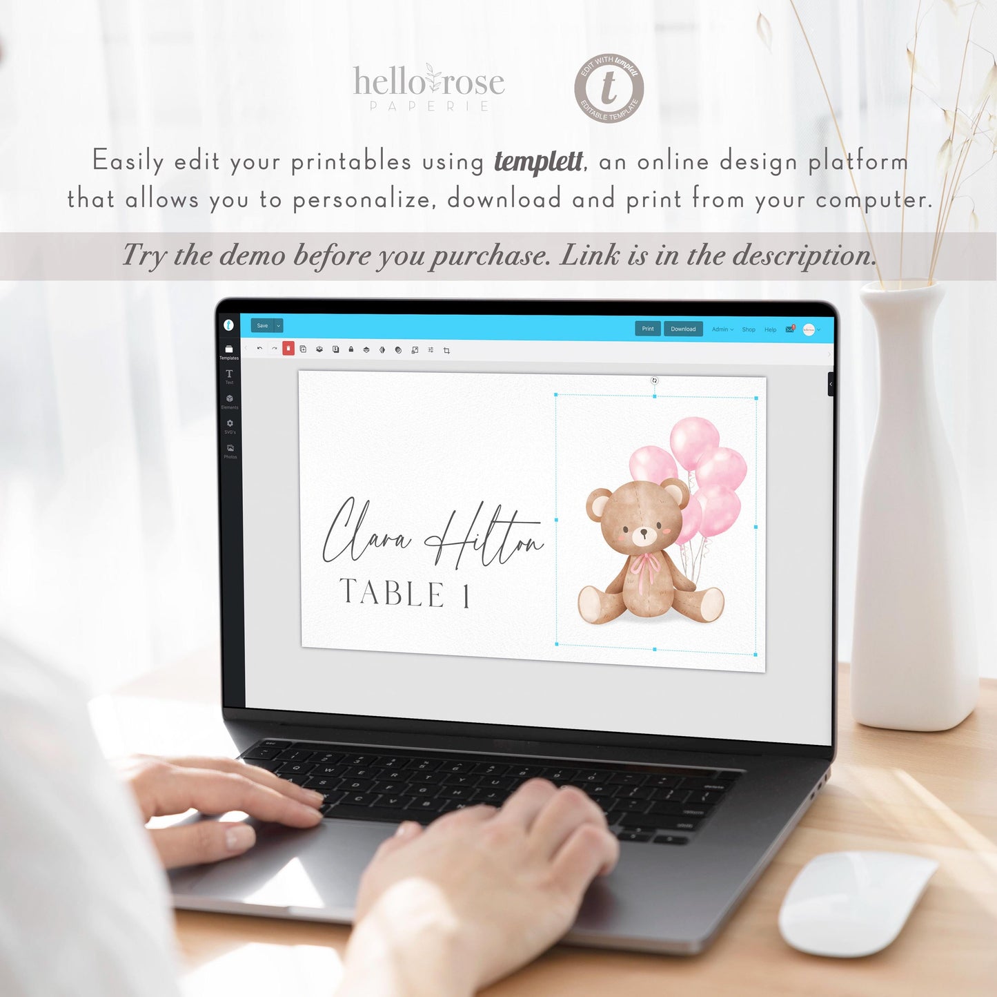 Bear Food Tent Place Card, Food Buffet Table Tent Card, Girl Baby Shower Sprinkle, Pink Balloons, PRINTABLE Editable Template TEMPLETT