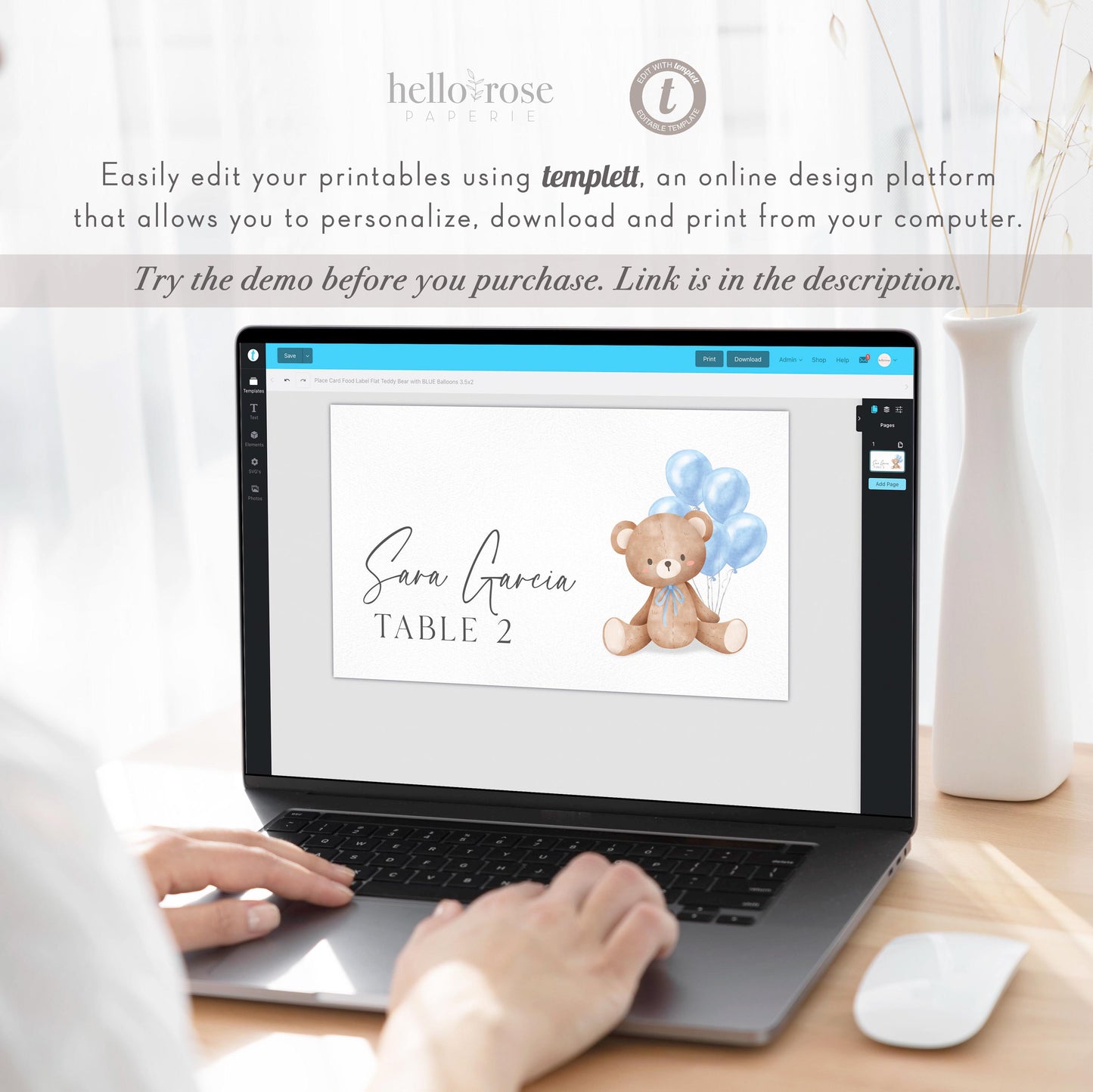 Bear Food Tent Place Card, Food Buffet Table Tent Card, Boy Baby Shower Sprinkle, Blue Balloons, PRINTABLE Editable Template TEMPLETT