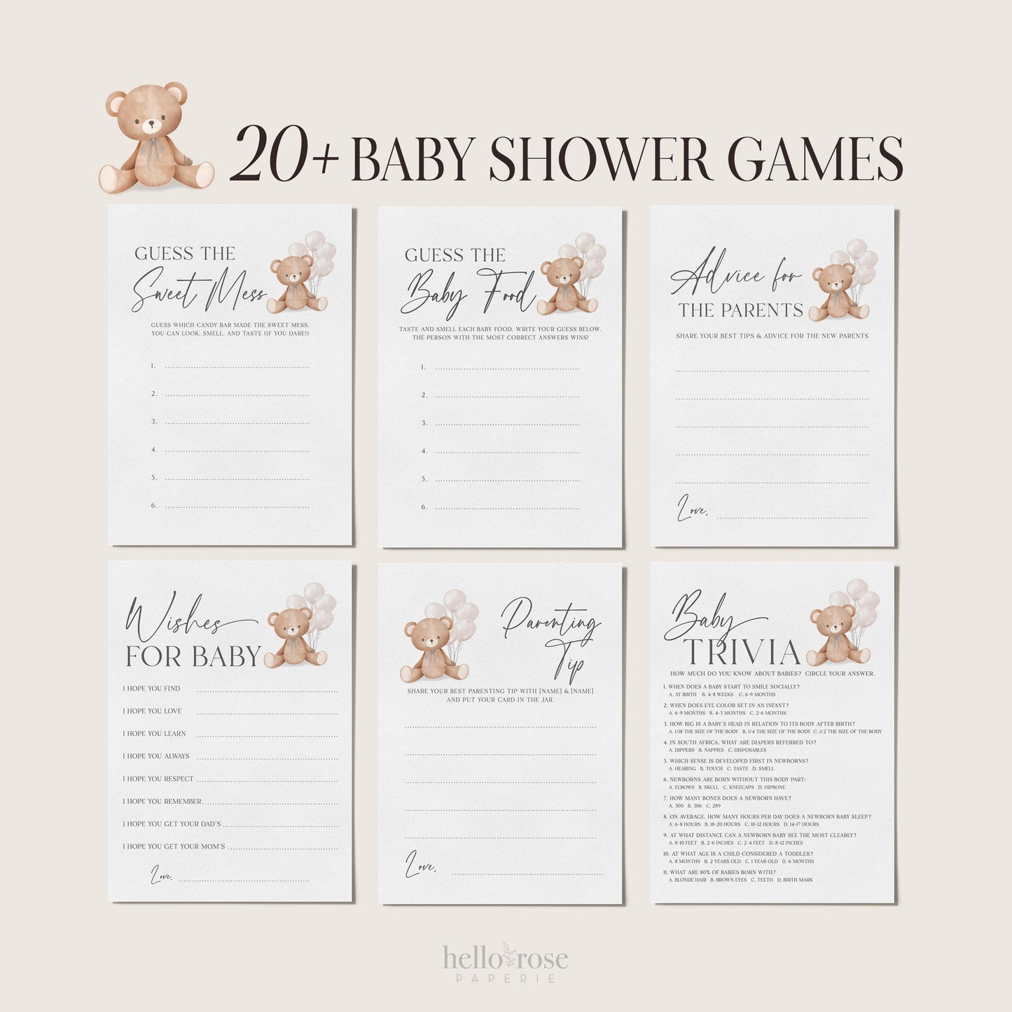 Bear Bundle of 20+ Baby Shower Games . Teddy with White Balloons, Boy Girl Sprinkle, We Can Bearly Wait, Editable Template Download Templett