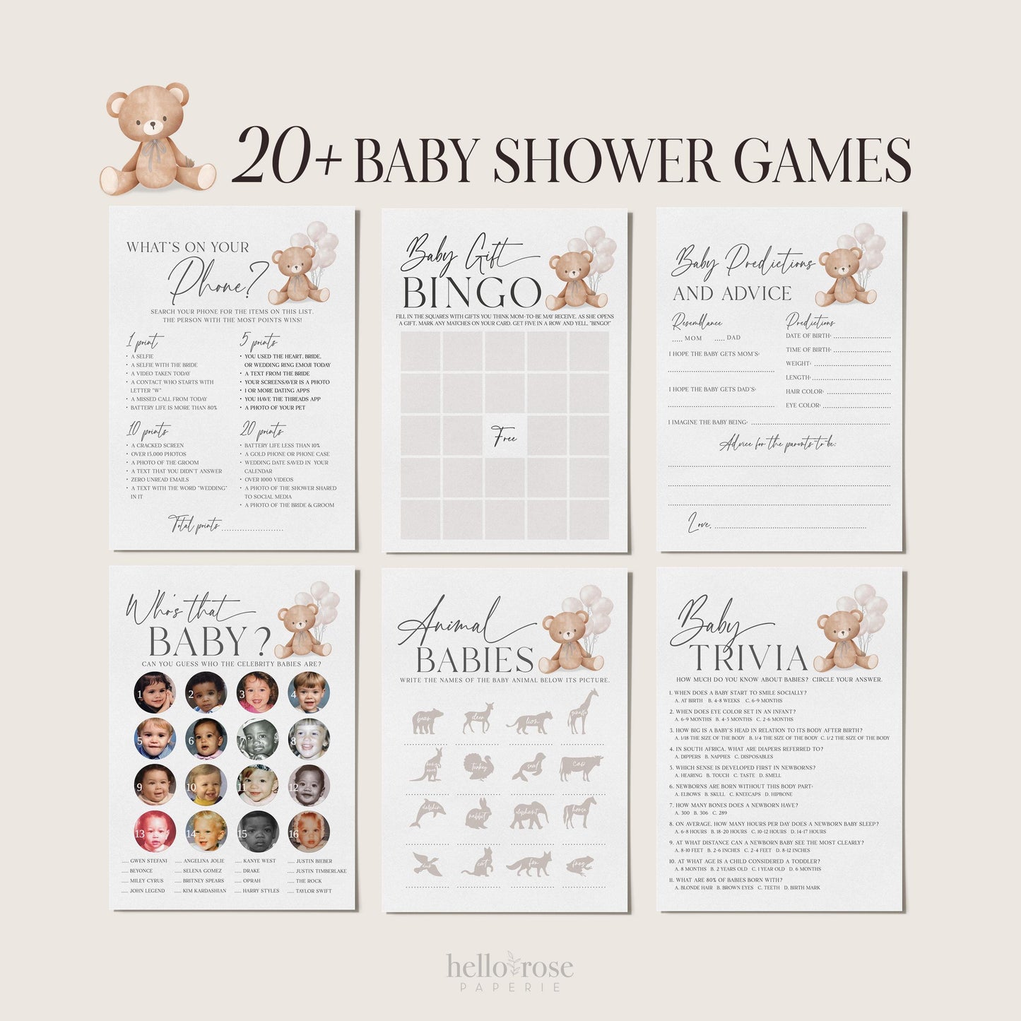 Bear Bundle of 20+ Baby Shower Games . Teddy with White Balloons, Boy Girl Sprinkle, We Can Bearly Wait, Editable Template Download Templett