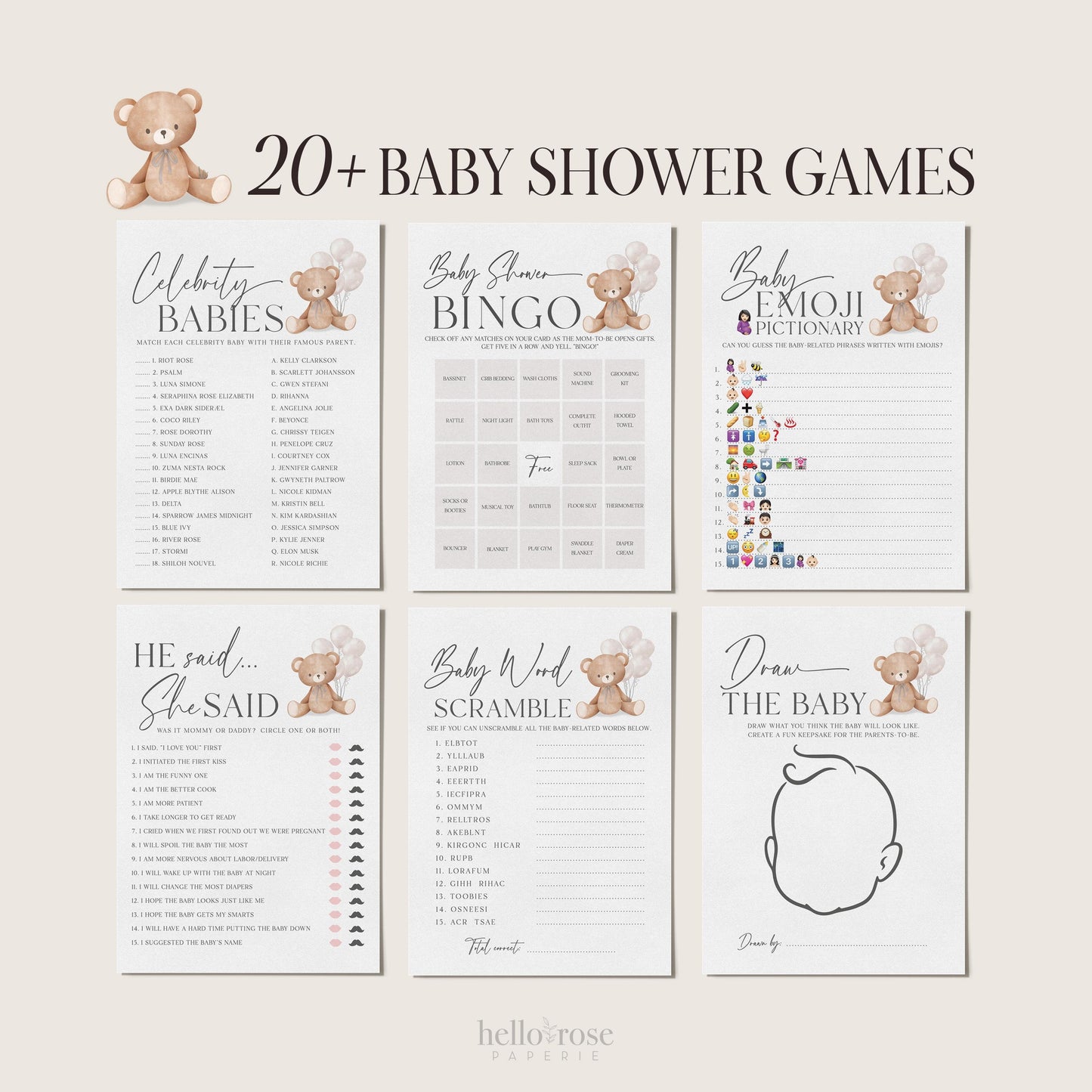 Bear Bundle of 20+ Baby Shower Games . Teddy with White Balloons, Boy Girl Sprinkle, We Can Bearly Wait, Editable Template Download Templett