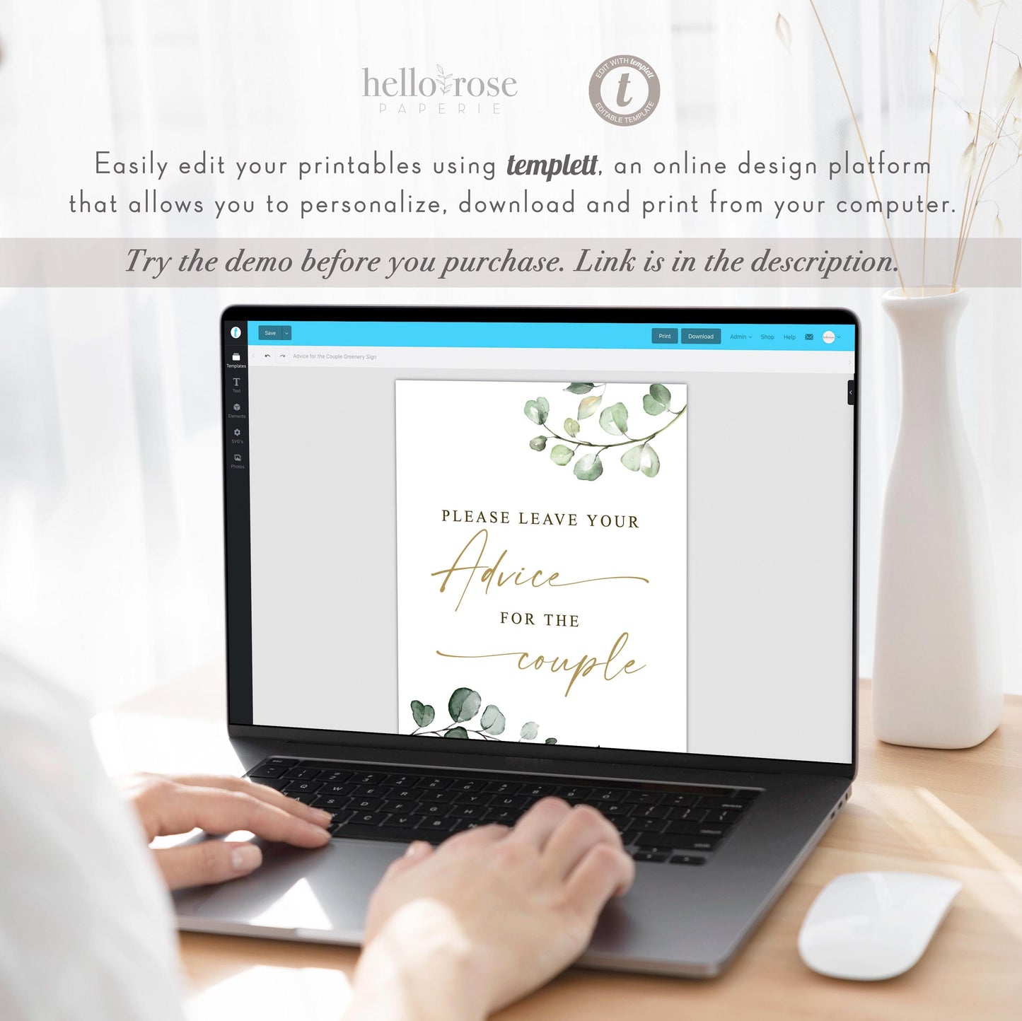 Advice for the Couple Sign and Card, Greenery, Personalized Bridal Shower Wedding Game, PRINTABLE Editable Template Download Templett G2-T