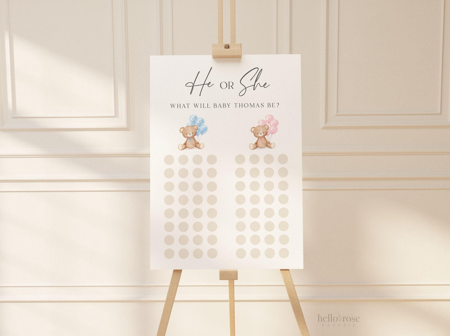 He or She What Will Baby Be, Gender Guess Sign, Bear with Pink Blue Balloons Baby Gender Reveal Game, Editable Template Download TEMPLETT