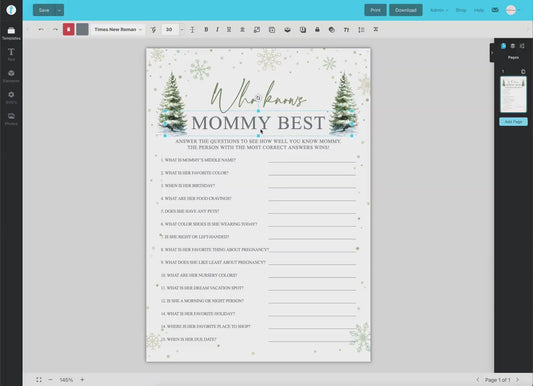 Who Said it Mommy or Daddy Winter Snowflakes with Trees Baby Shower Printable Game . Editable Template . Instant Download Templett