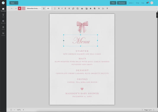Menu Pink Bow, Baby Shower Sprinkle, Bridal Shower, Editable Menu, PRINTABLE Editable Instant Download TEMPLETT