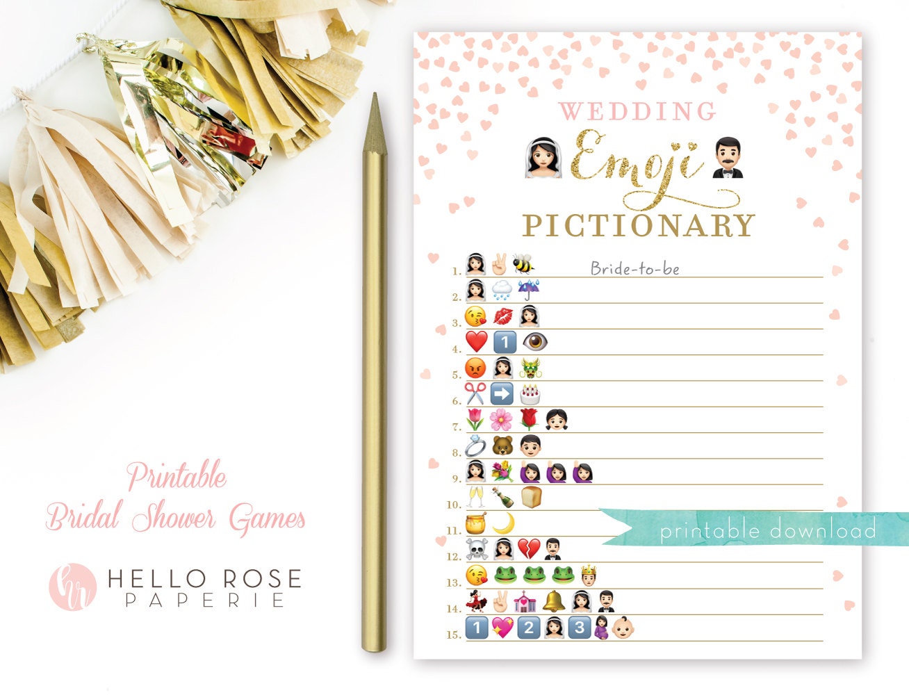 Emoji Game . Pink and Gold Bridal Shower Wedding Emoji Pictionary Game . Bridal Shower Game Printable . Instant Download . Gold Glitter